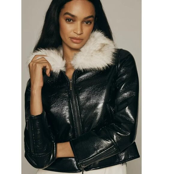New Unreal Fur Womens Black Vegan Leather Wet Look Aviator Luxury Jacket Z74 - Picture 1 of 10
